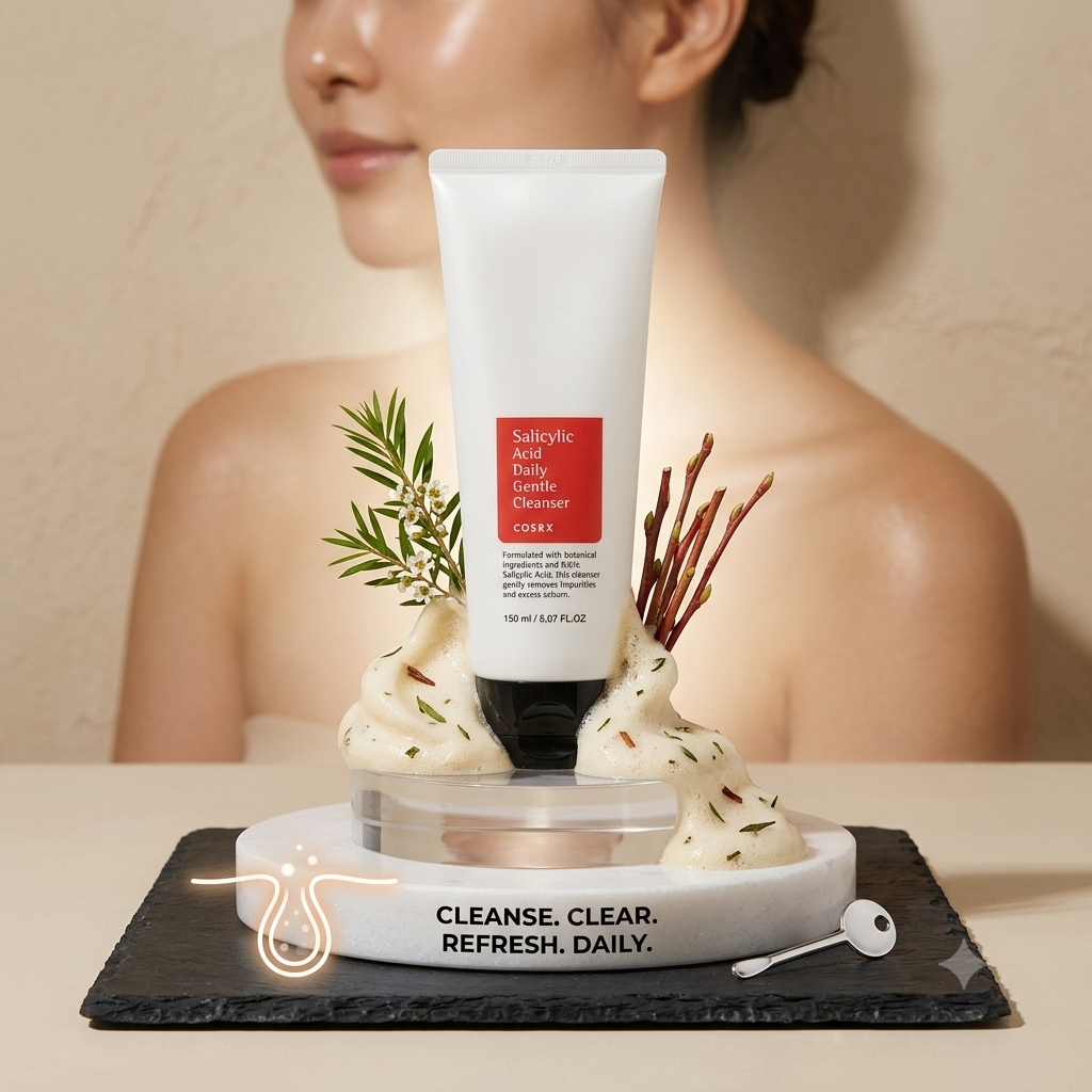 A white cosmetic tube with a red label reading 'Salicylic Acid Daily Cleanser' by COSY, displayed on a white pedestal with decorative cream swirls and botanicals. A blurred woman's upper body is in the background, and the scene is lit with warm, soft light.