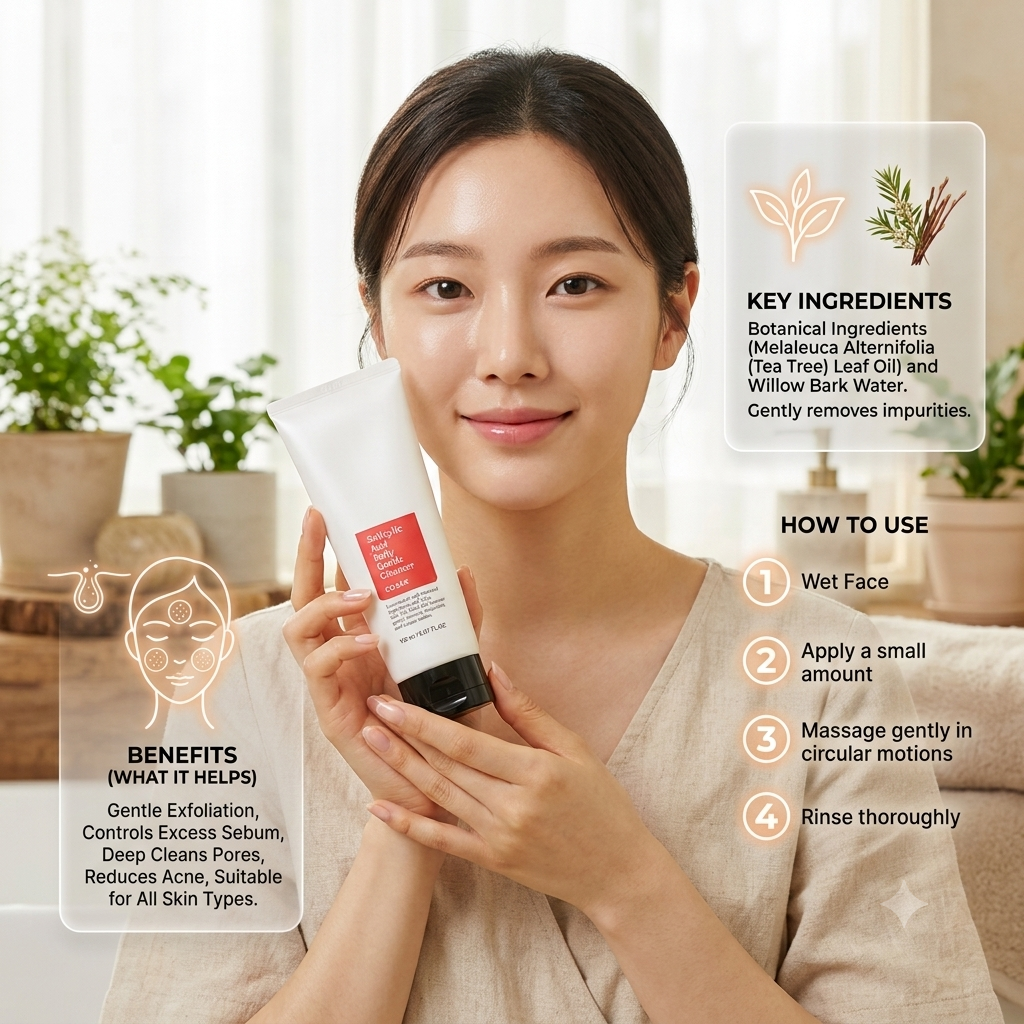 A woman holds a white skincare tube with a red label in a bright indoor setting. Text callouts on both sides describe the product's key ingredients and how to use it.