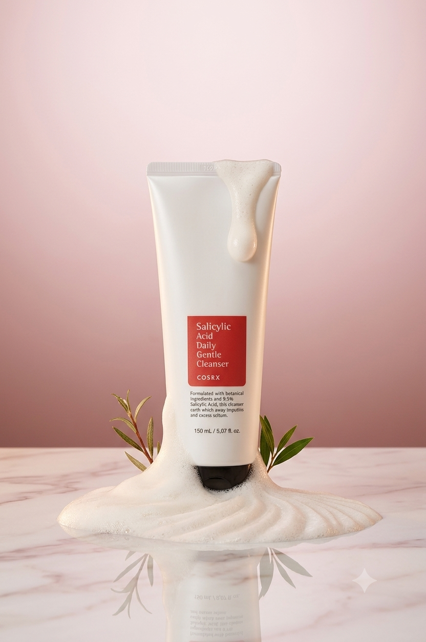 A squeeze tube of COSRX Salicylic Acid Daily Cleanser with a dripping white cream effect, displayed on a marble surface with decorative leaves against a soft pink gradient background.