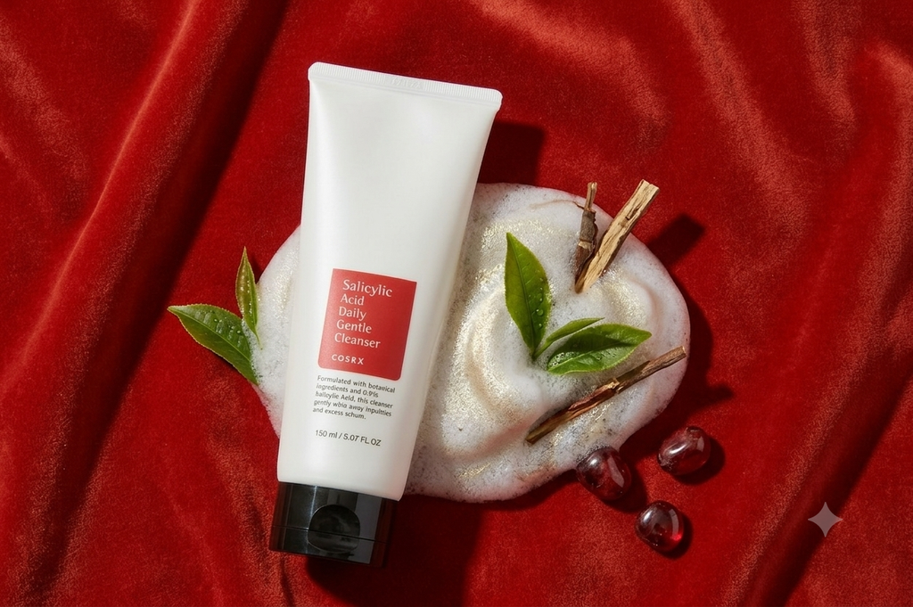 A white tube of SK-II Daily Gentle Cleanser with a red label, styled on a red velvet background with a swirl of white cleanser, green leaves, cinnamon sticks, and red berries.