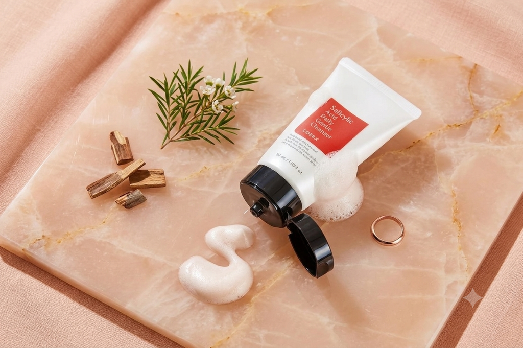 A squeeze tube of Caudalie Hand Cream is shown lying on a peach marble slab with cream squeezed out, alongside a green sprig, gold-toned accessories, and a ring.