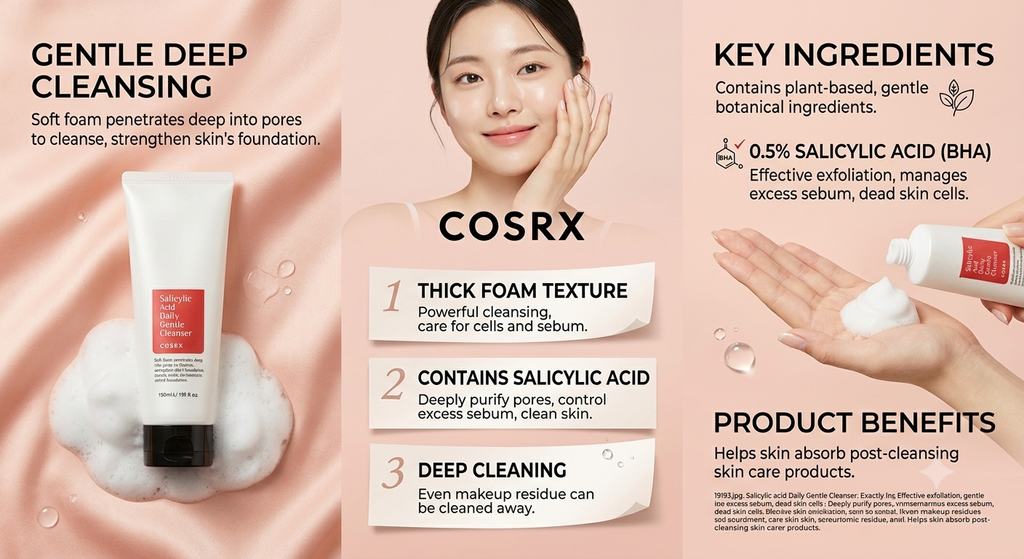 COSRX Gentle Deep Cleansing foam tube shown on a pink promotional graphic with a model, hand applying cream, and text detailing key ingredients and product benefits.