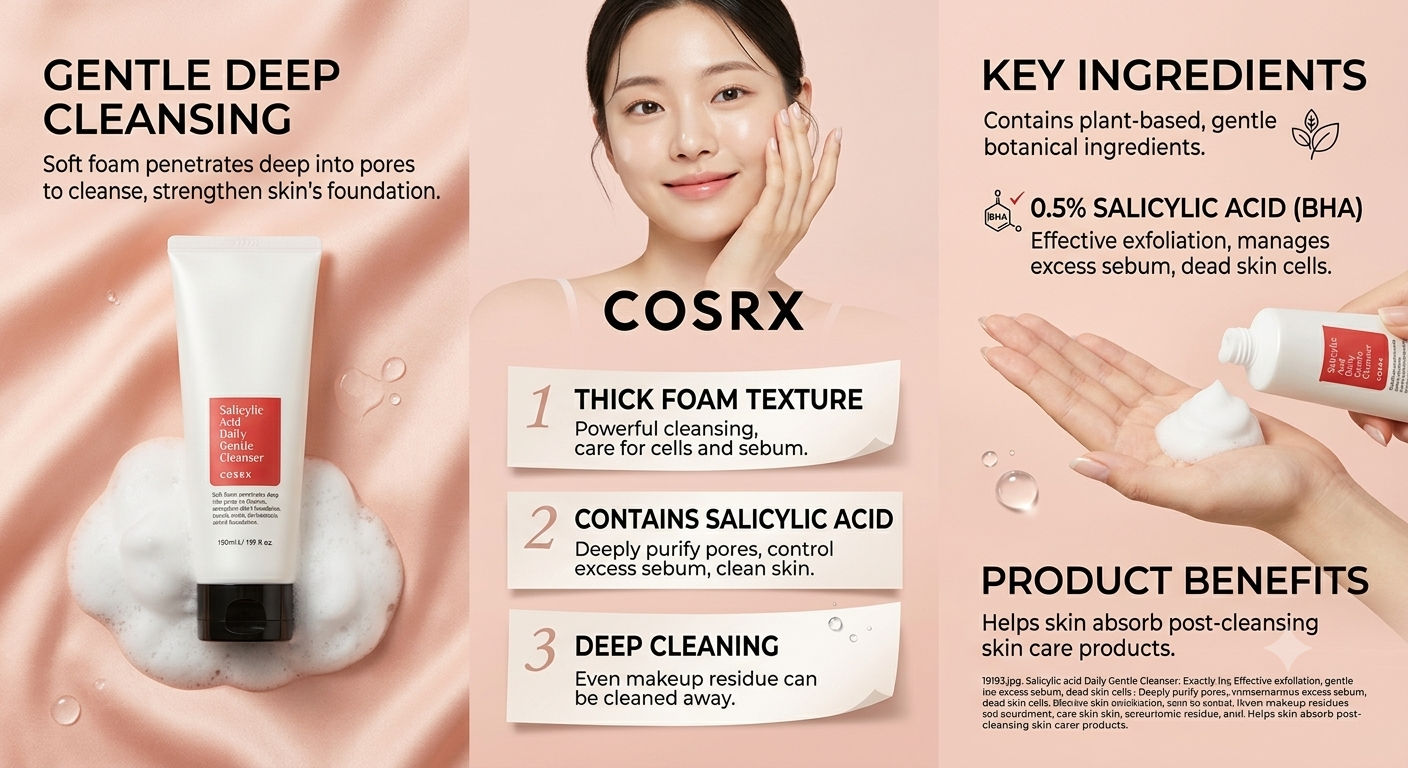 COSRX Gentle Deep Cleansing foam tube shown on a pink promotional graphic with a model, hand applying cream, and text detailing key ingredients and product benefits.