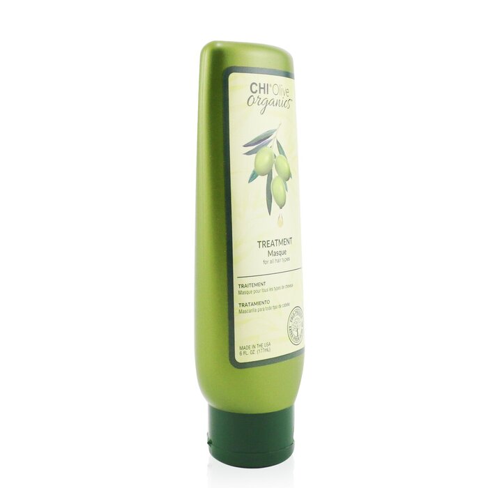 A green squeeze bottle of Chi Chi Organic Treatment Masque hair conditioner, featuring a cream-colored label with olive illustrations, set against a plain white background.