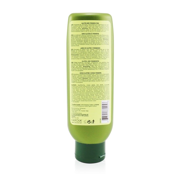 A green bottle of Karrou gluten and celiac friendly hair conditioner, shown from the back to display the detailed text label on a white background.