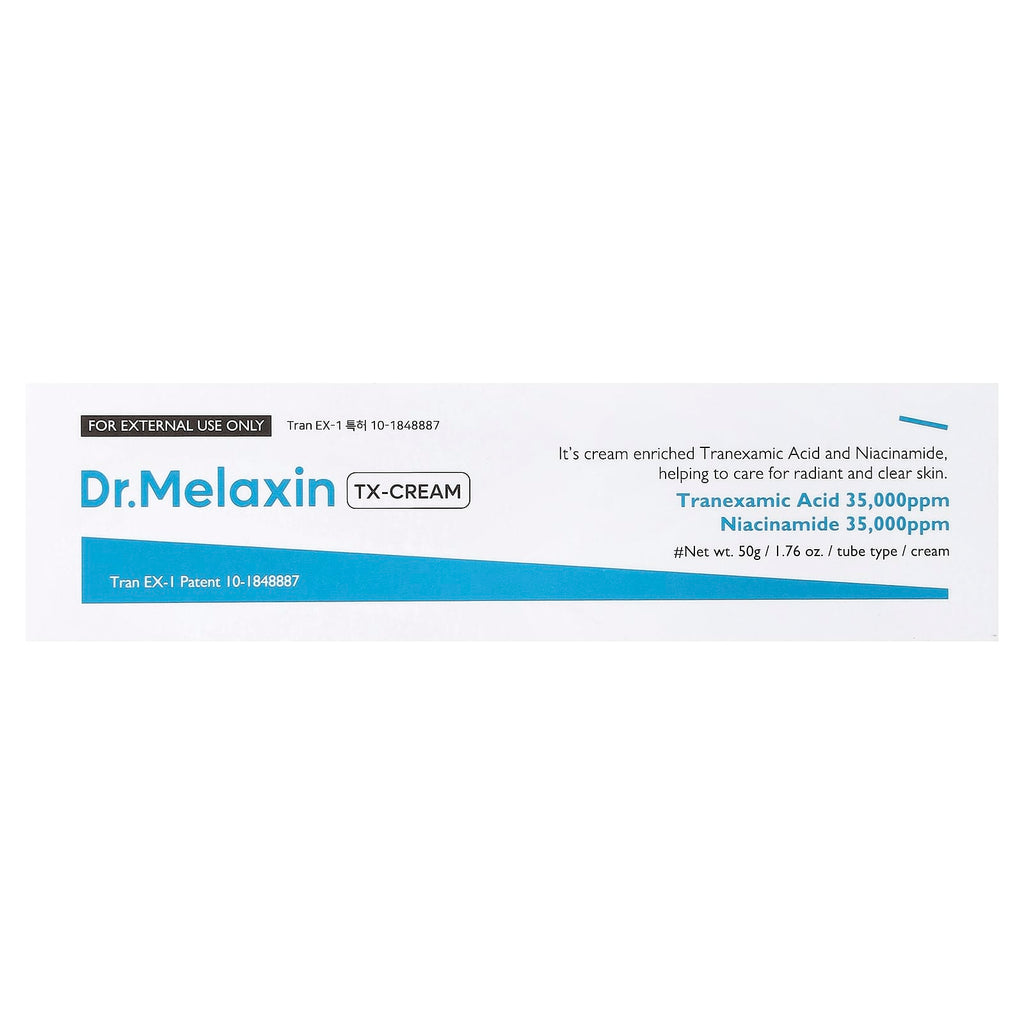 A white rectangular box of Dr. Melaxin TX-Cream with blue and black text, photographed against a plain white background.