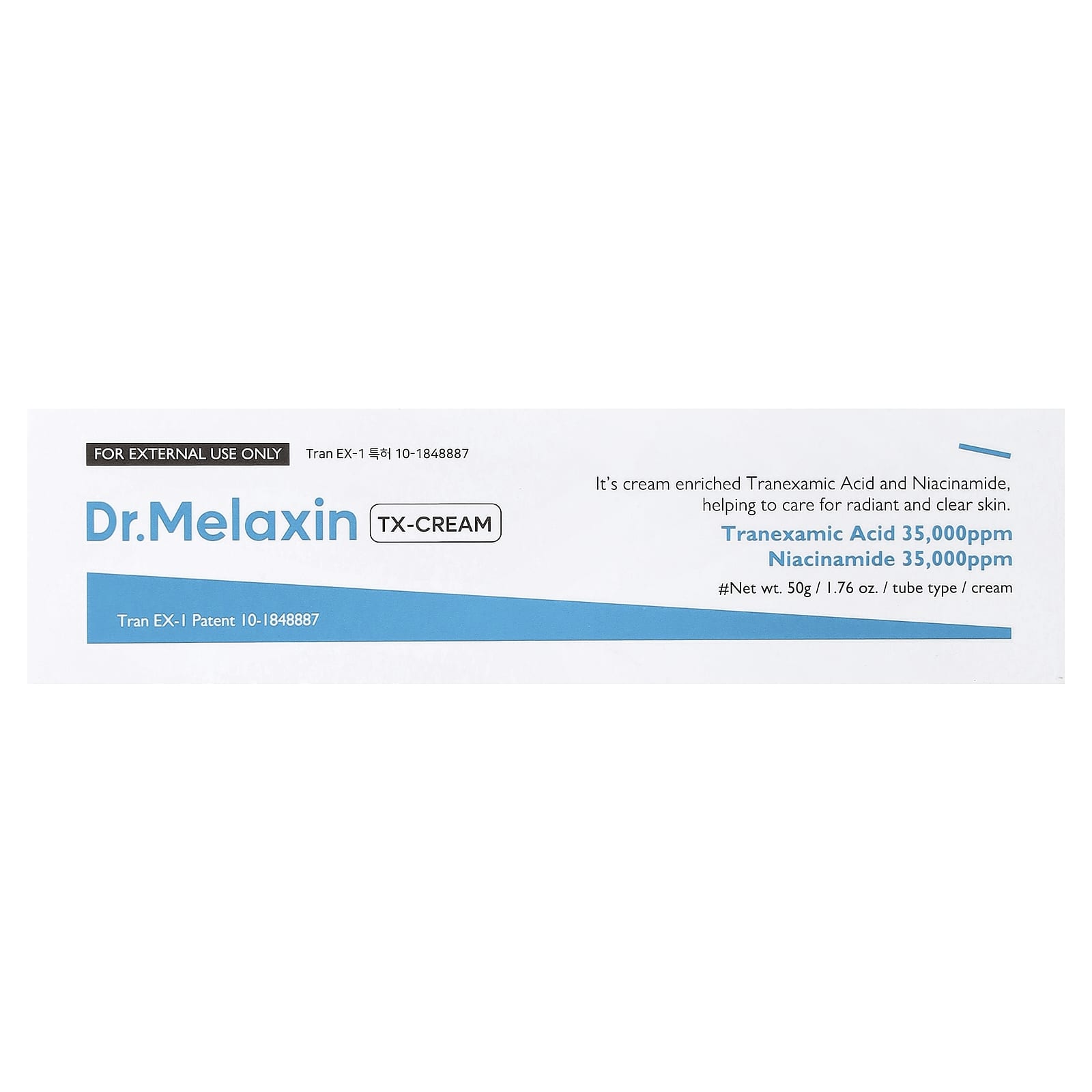 A white rectangular box of Dr. Melaxin TX-Cream with blue and black text, photographed against a plain white background.
