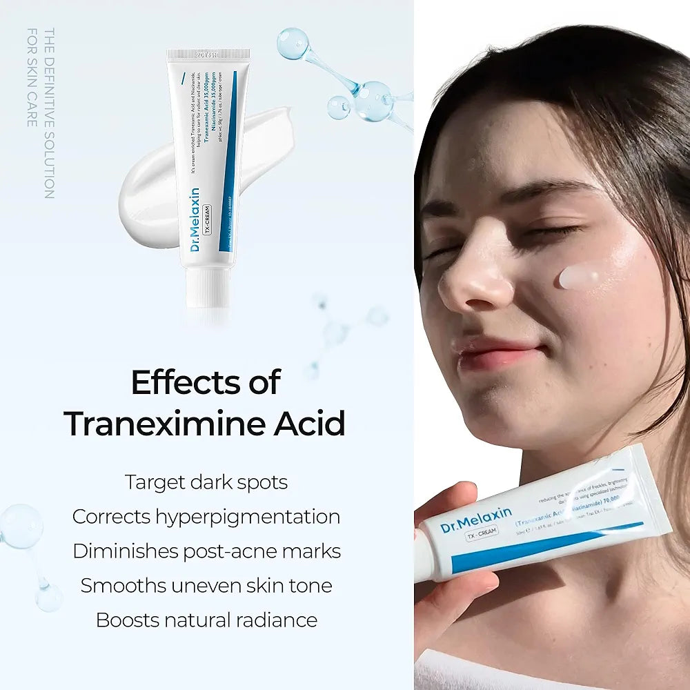 Dr. Melaxin tranexamic acid cream with a woman applying it on her face, set against a light blue background.
