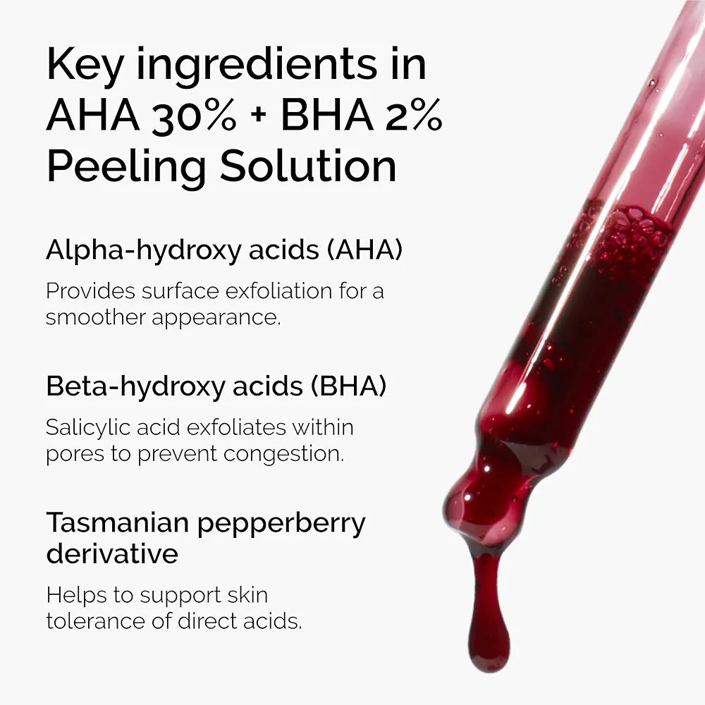 Peeling solution with key ingredients listed on a white background