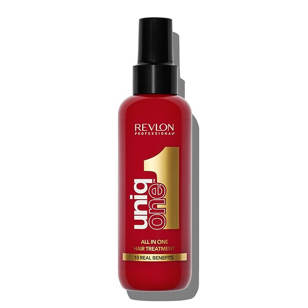 A bottle of Revlon Professional Uniq One All In One Hair Treatment, featuring a vibrant red bottle with a black spray nozzle and gold and white text, set against a plain white background with a soft shadow.