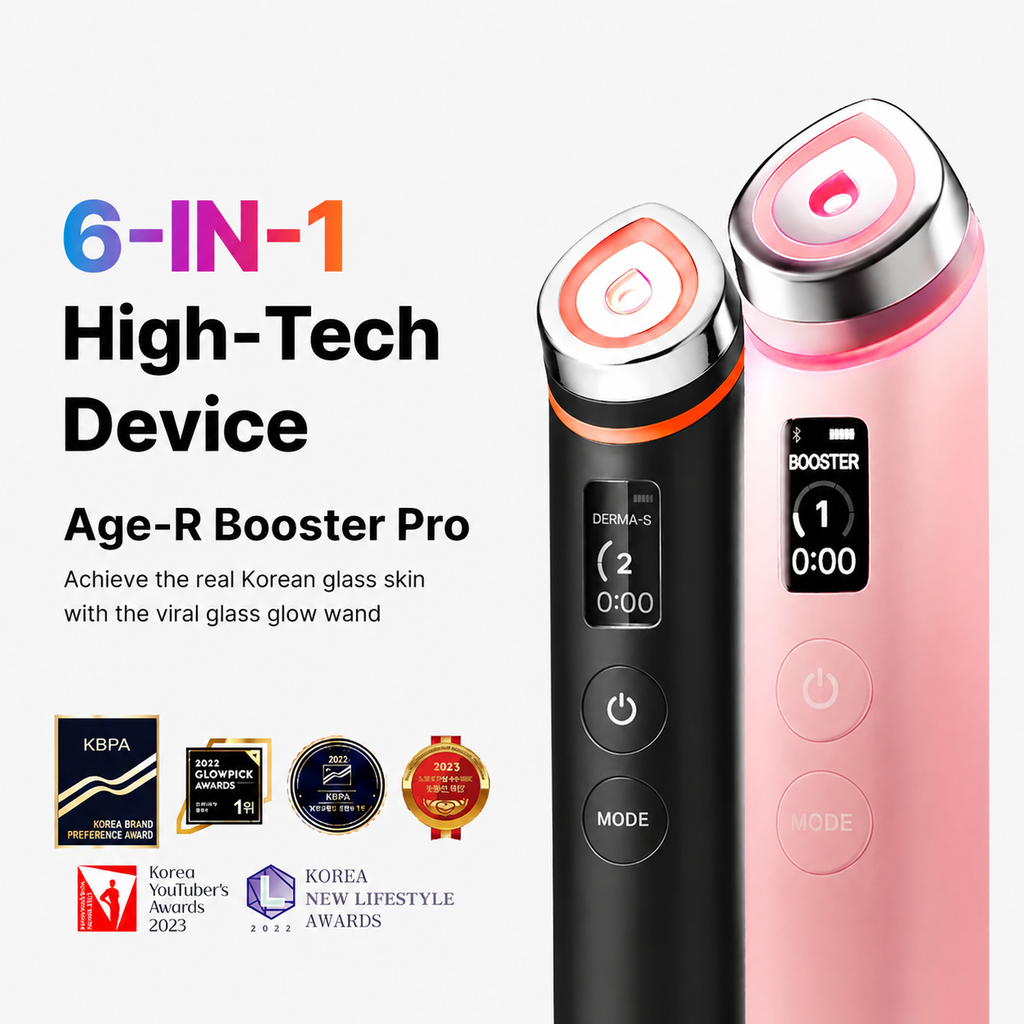 Two handheld beauty devices on a light gray background with promotional text reading '6-IN-1 High-Tech Device' and 'Age-R Booster Pro.' The left device is black with orange accents and a dark display; the right device is pink with silver accents and a pink display.
