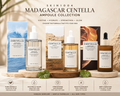 SKIN1004 Madagascar Centella Ampoule Collection skincare set displayed on a wooden stand with product boxes, bottles, and dropper bottles against a warm beige background with natural textures.
