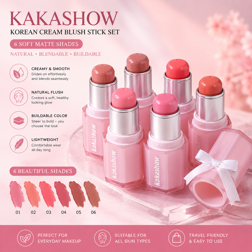 Kakashow Korean Cream Blush Stick Set featuring six soft matte blush shades in pink, peach, and nude tones, displayed in pink tubes with silver caps on a pink background with product details and swatches.