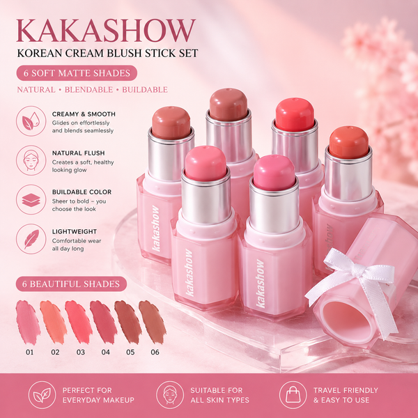 Kakashow Korean Cream Blush Stick Set featuring six soft matte blush shades in pink, peach, and nude tones, displayed in pink tubes with silver caps on a pink background with product details and swatches.