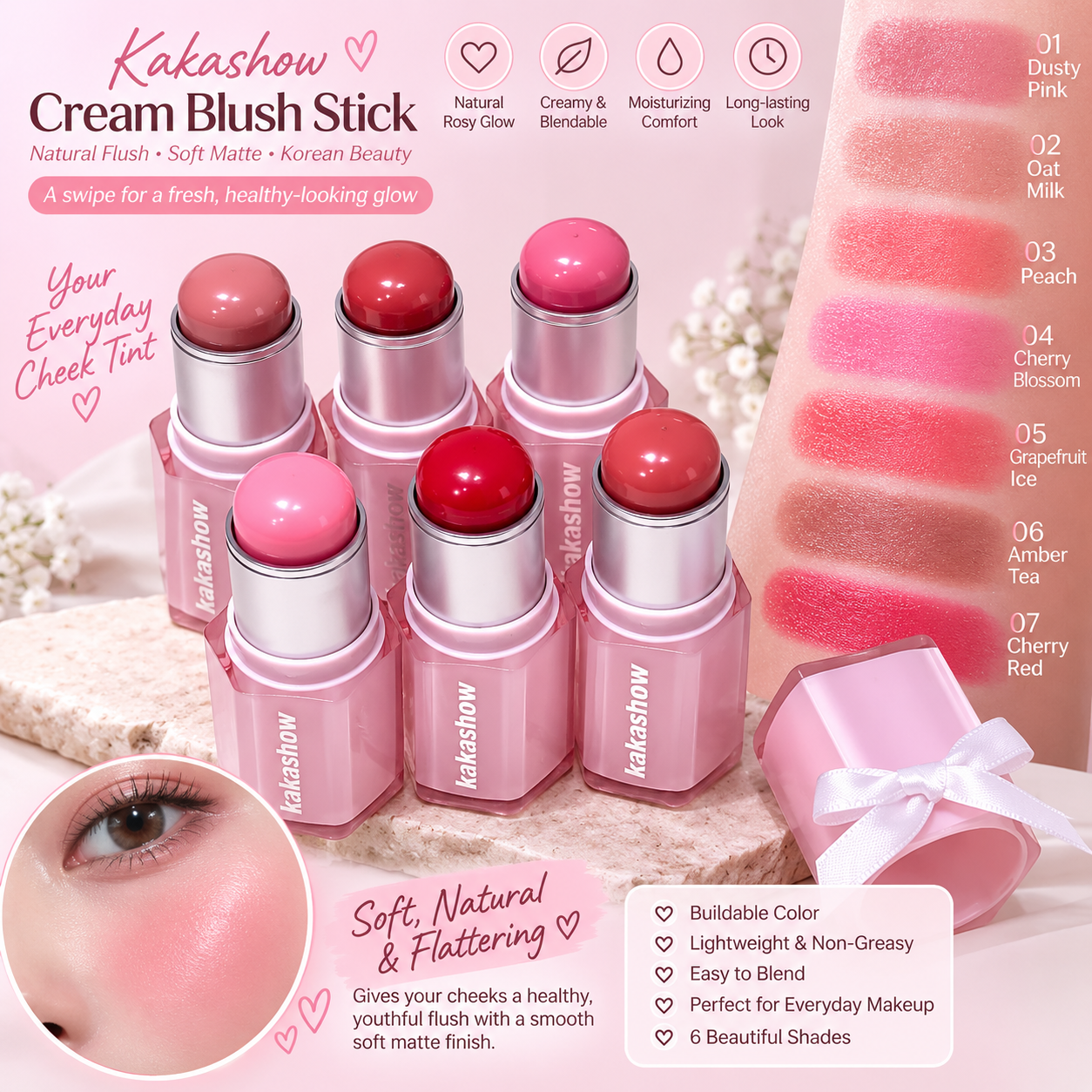Kakashow Cream Blush Stick set with six pink tubes of different blush shades, a shade swatch chart on the right, and a close-up of a cheek with a pink blush tint on the bottom left.