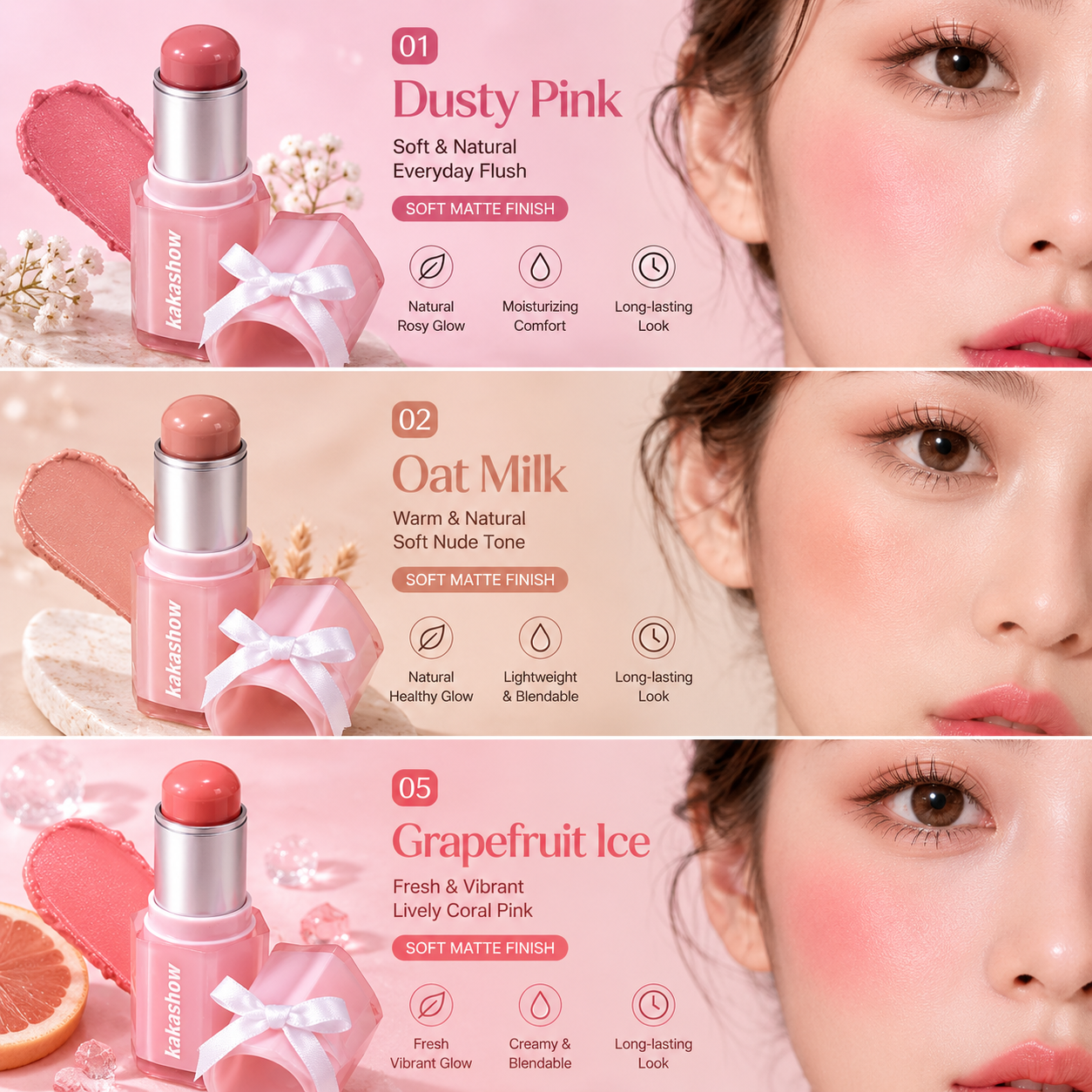 KAKASHOW Korean Cream Blush Stick Set – Soft Matte Cheek Tint (6 Shades)