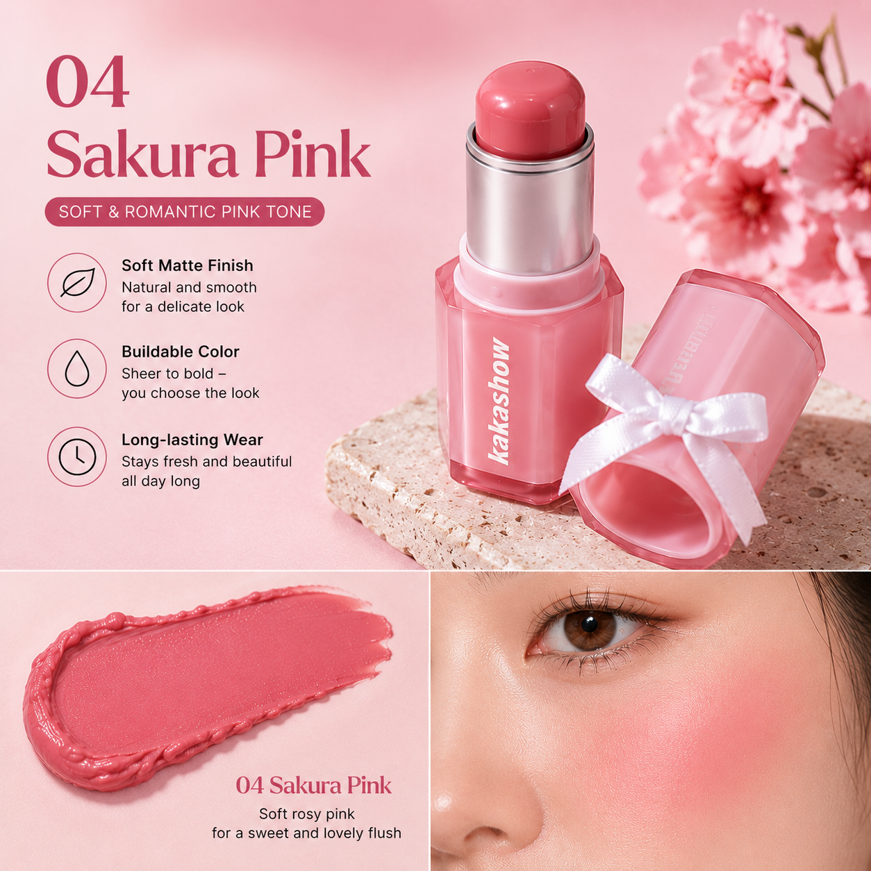Kakashow Sakura Pink soft & romantic pink tone blush stick shown with its cap off on a stone slab, alongside a close-up of a model's cheek with pink blush applied. The image includes product features text and a swatch of the pink cream on the bottom left.