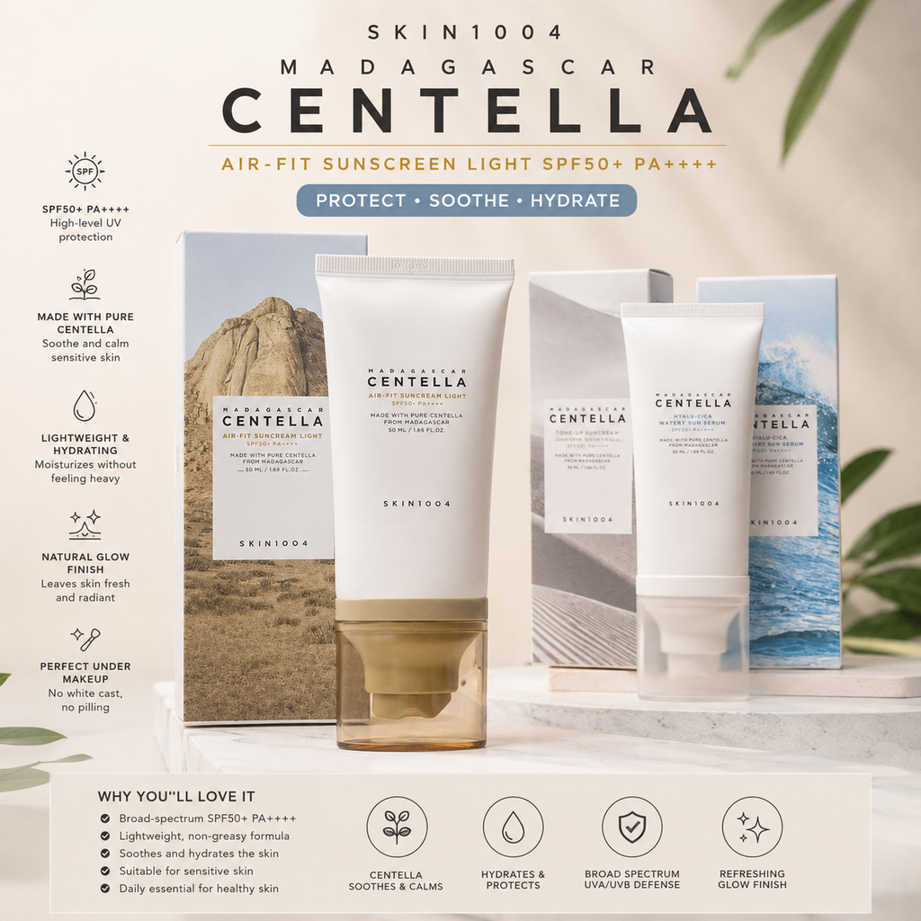 SKIN1004 Madagascar Centella Sunscreen Lotion SPF50+ PA++++ set, featuring three white tubes and boxes with blue and beige accents, displayed on a marble surface with a warm, soft-focus background.