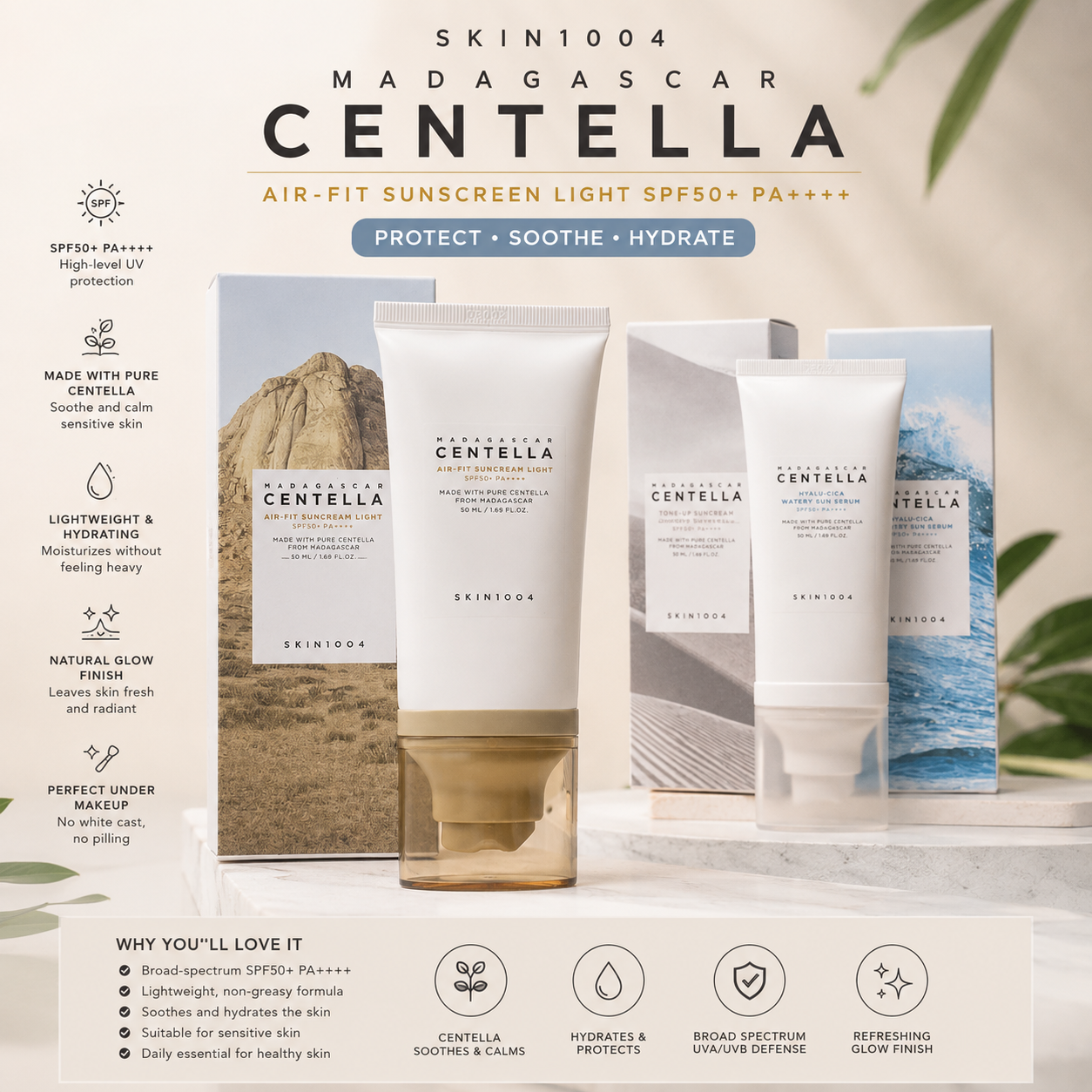 SKIN1004 Madagascar Centella Sunscreen Lotion SPF50+ PA++++ set, featuring three white tubes and boxes with blue and beige accents, displayed on a marble surface with a warm, soft-focus background.
