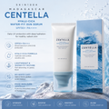 SKIN1004 Madagascar Centella Hyalu-Cica Water-Fit Sun Serum SPF50+ PA++++ shown with its blue-and-white box on a snowy, icy background with product details and benefits listed on the left.