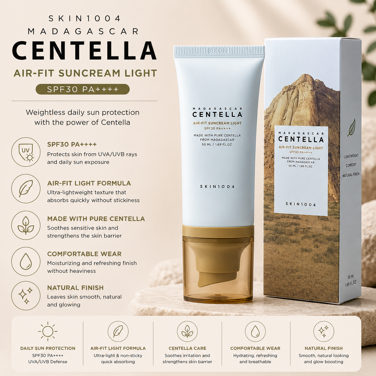 Korean Centella Sunscreen SPF50+ PA++++ – Hydrating Daily UV Protection (50ml)