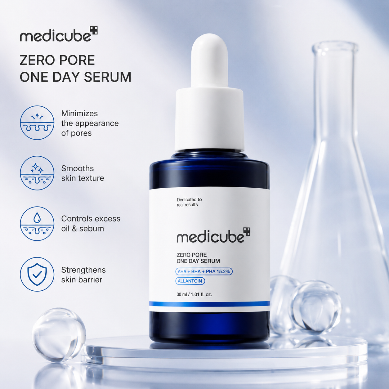 Medicube Zero Pore One Day Serum in a dark blue bottle with a white dropper cap, displayed on a clear acrylic stand with scientific glassware in the background. Text on the left lists product benefits.