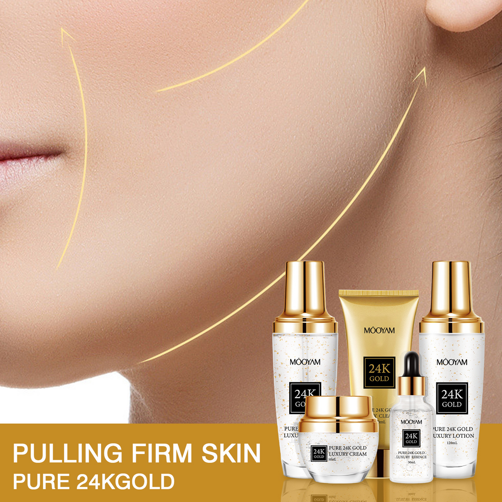 Luxury 24K Gold Complete Skincare Set – Cleanser, Toner, Serum, Lotion & Cream for Hydrated Glowing Skin