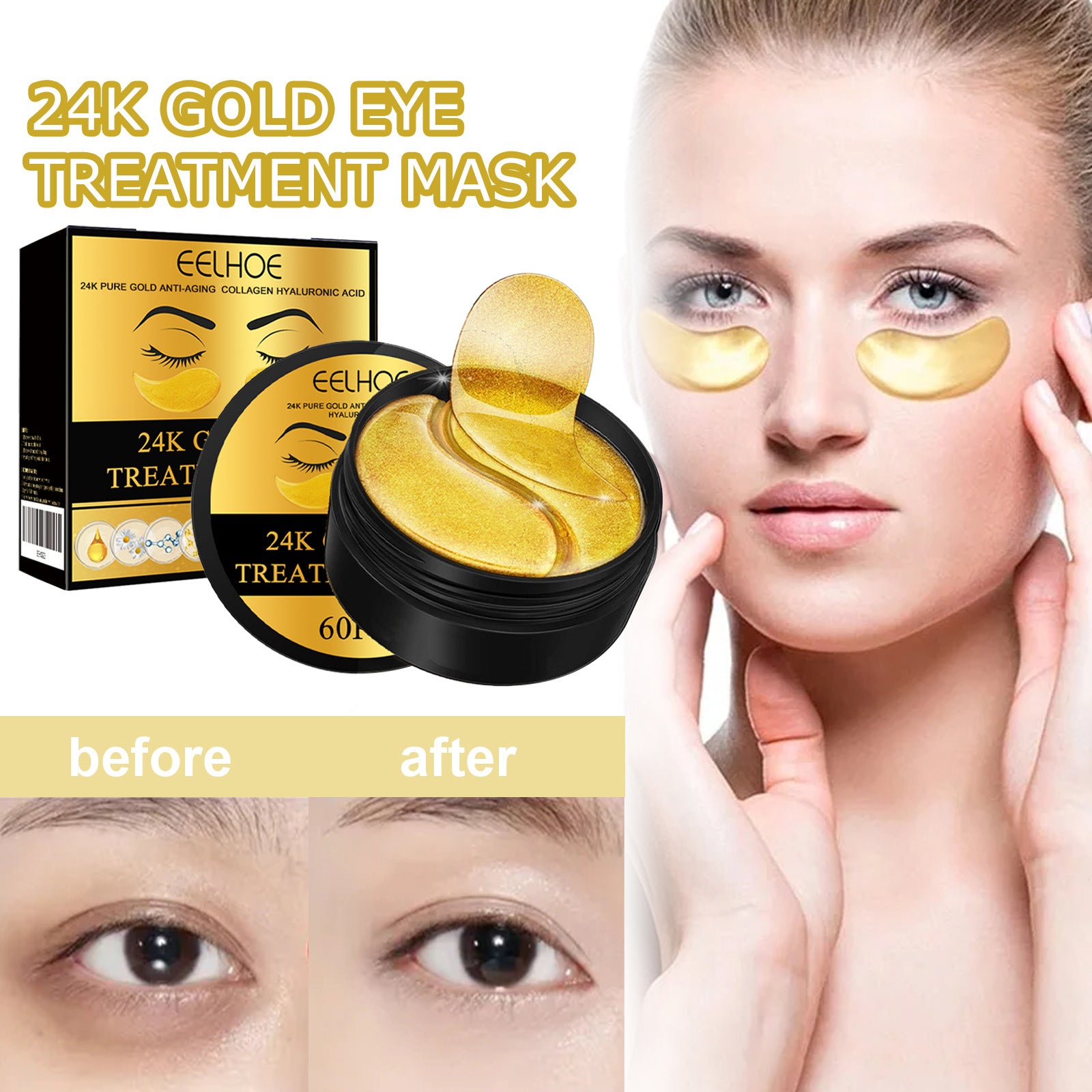 24K Gold Eye Treatment Mask – Anti‑Aging, Collagen & Hyaluronic Acid Under‑Eye Patches (60pcs)