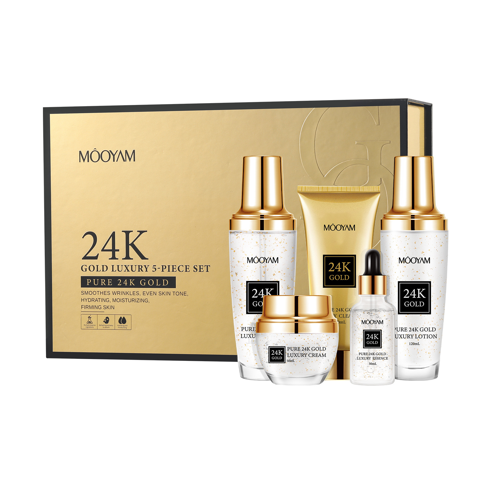 Luxury 24K Gold Complete Skincare Set – Cleanser, Toner, Serum, Lotion & Cream for Hydrated Glowing Skin