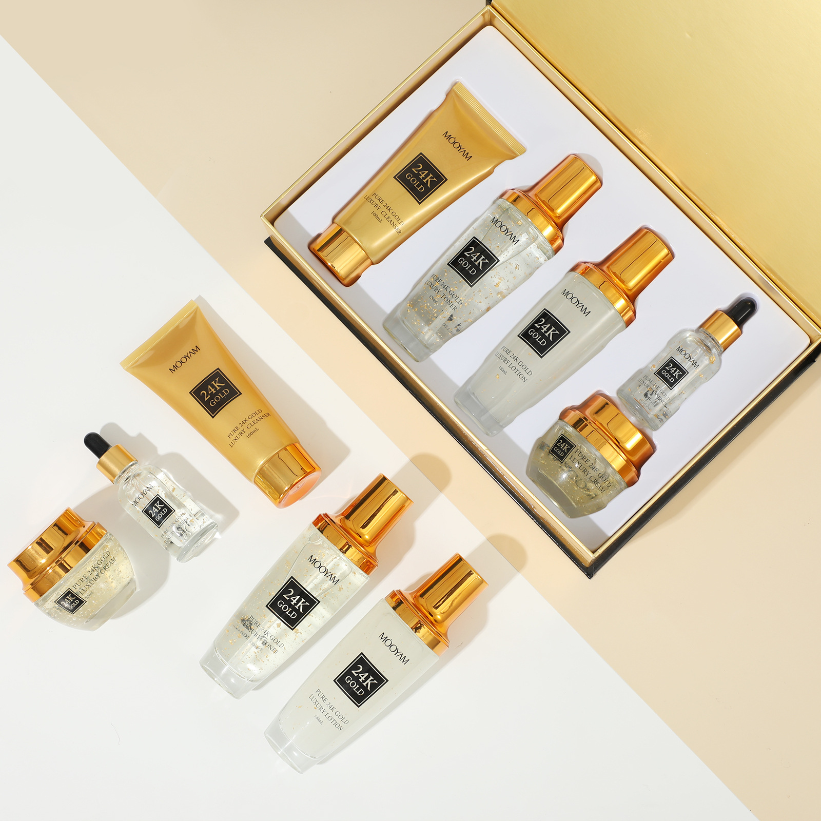 Luxury 24K Gold Complete Skincare Set – Cleanser, Toner, Serum, Lotion & Cream for Hydrated Glowing Skin