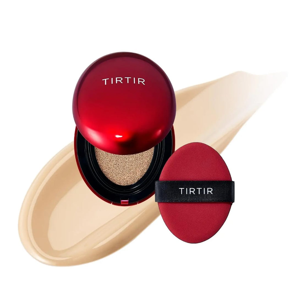 TIRTIR cosmetic compact with red lid and case on a white background