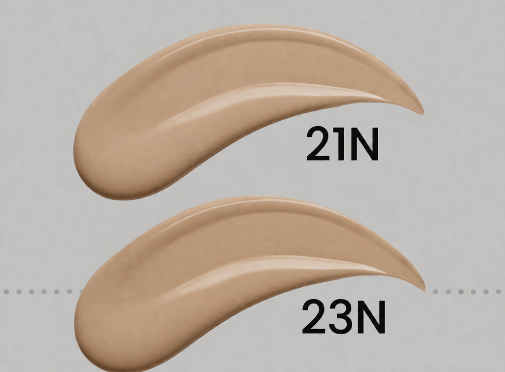 Two swatches of beige liquid makeup shade shown on a light gray background, labeled 21N and 23N in black text.