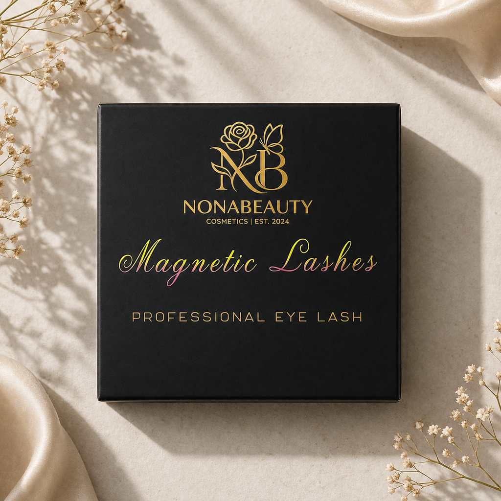 A black rectangular box for Nonabeauty Magnetic Lashes eye lashes, decorated with gold lettering and a rose logo, styled on a beige marble surface with dried flowers and soft satin fabric.