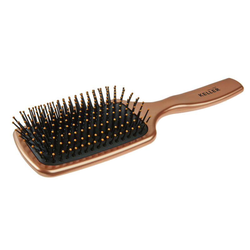 Hairbrush with wooden handle and black bristles on a white background