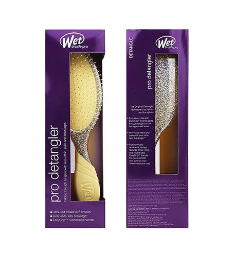 Wet desigéns pro detangler hairbrush and styling brush set in purple retail packaging, showing both the front and back views of the box with a clear window displaying the brushes inside.